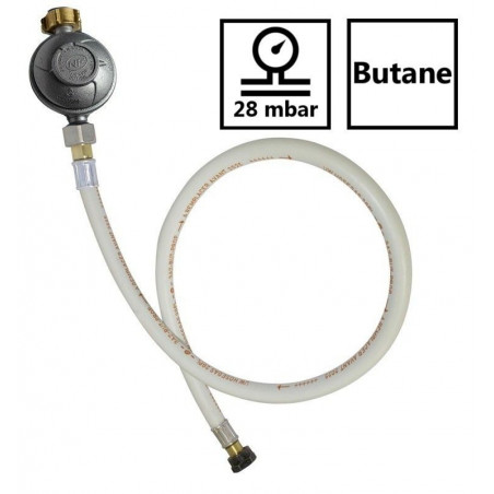 Kit détendeur 28 mbar vissable gaz Butane + Tuyau gaz flexible 1.50 m à embouts vissables