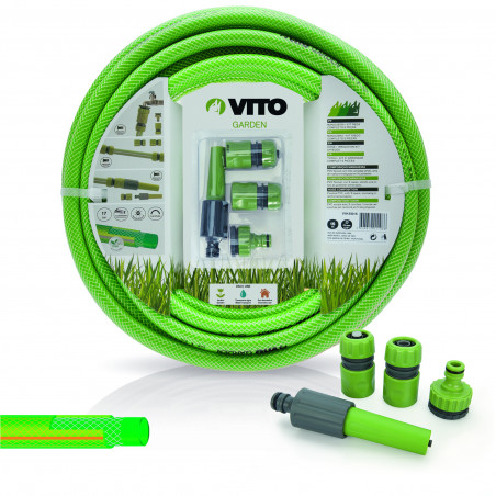 Kit d'arrosage jardin PVC renforcé 20 m diam 15mm lance multi jet +2 raccords + nez de robinet VITO