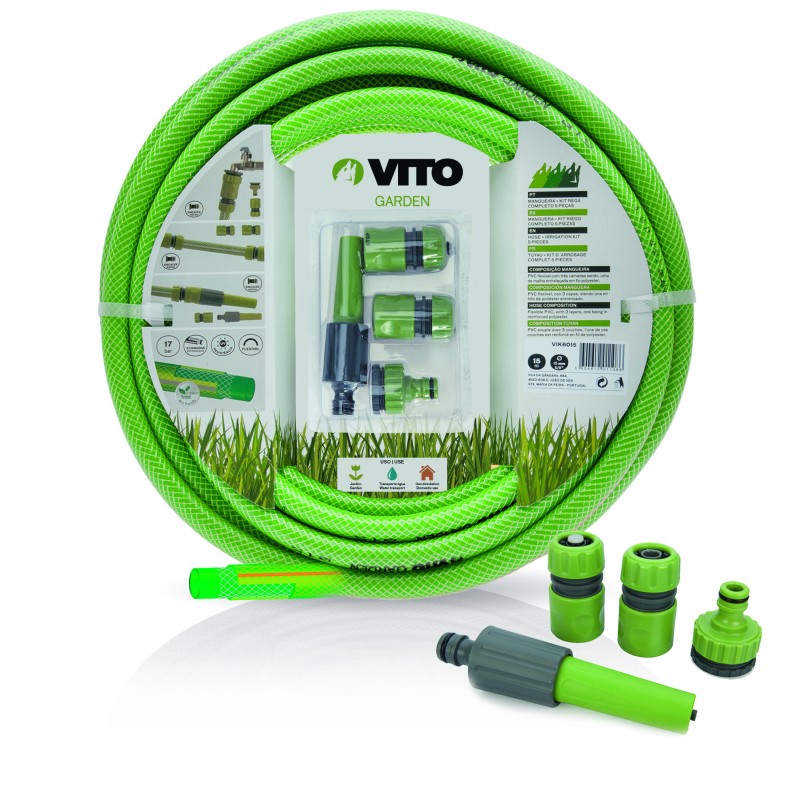 Kit d'arrosage jardin 19mm 25m PVC renforcé Lance multi jet + 2 raccords rapide + Nez de robinet VITO