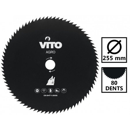 Lame de coupe pour débroussailleuse 80 dents Diam 255mm Alesage 25.4 VITO