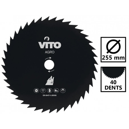 Lame de Coupe Pour Débroussailleuse Diam 255mm 40 dents Alesage 25.4 VITO