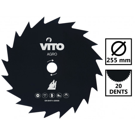 Lame de coupe pour débroussailleuse 20 dents Diam 255mm Alesage 25.4 VITO
