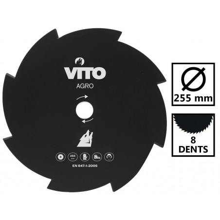 Lame de Coupe pour Débroussailleuse 8 Dents Diam 255mm Alesage 25.4 VITO