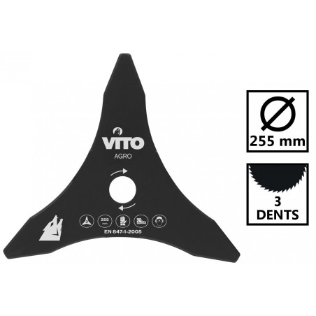 Lame de coupe pour Débroussailleuse 3 dents Diam 255mm Alesage 25.4 VITO