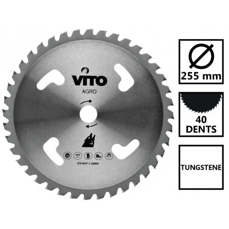 Lame de coupe pour débroussailleuse 40 dents Diam 255mm en Tungstène Alesage 25.4 VITO