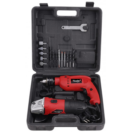 Perceuse à percussion 500W + Meuleuse 500W + Mallette 17 accessoires ITOOLS