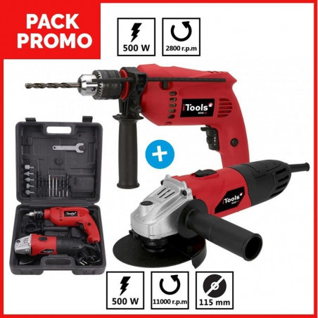 Perceuse à percussion 500W + Meuleuse 500W + Mallette 17 accessoires ITOOLS