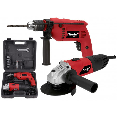Perceuse à percussion 500W + Meuleuse 500W + Mallette 17 accessoires ITOOLS
