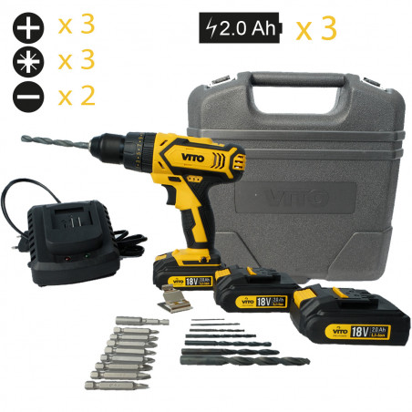 Perceuse visseuse 18V + 3 Batteries lithium 2,0Ah + Chargeur rapide Mallette 18 accessoires VITO