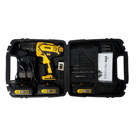 Perceuse visseuse 18V + 3 Batteries lithium 2,0Ah + Chargeur rapide Mallette 18 accessoires VITO