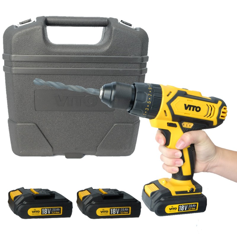 Perceuse visseuse 18V + 3 Batteries lithium 2,0Ah + Chargeur rapide Mallette 18 accessoires VITO