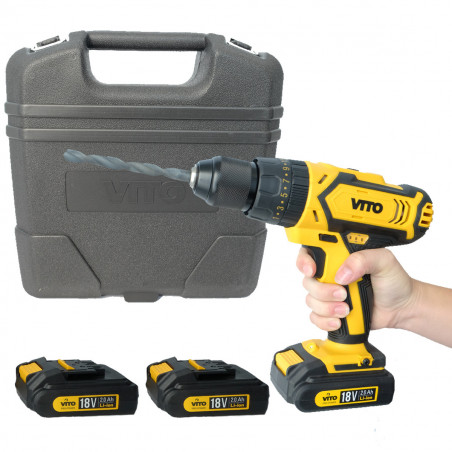 Perceuse visseuse 18V + 3 Batteries lithium 2,0Ah + Chargeur rapide Mallette 18 accessoires VITO
