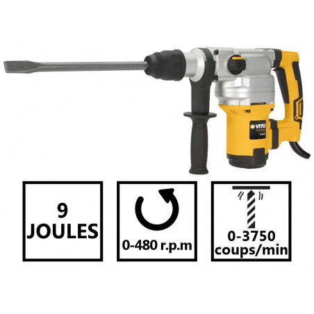 Marteau perforateur burineur 1050W SDS MAX 9 joules Burins et Forets inclus Mallette VITO