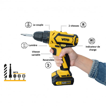 Perceuse visseuse 14.4V + 3 Batteries lithium 2,0Ah + Chargeur rapide VITO