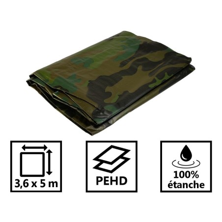Bâche camouflage militaire 3,6x5 m Verte et noire en polyéthylène 150 gr/m2