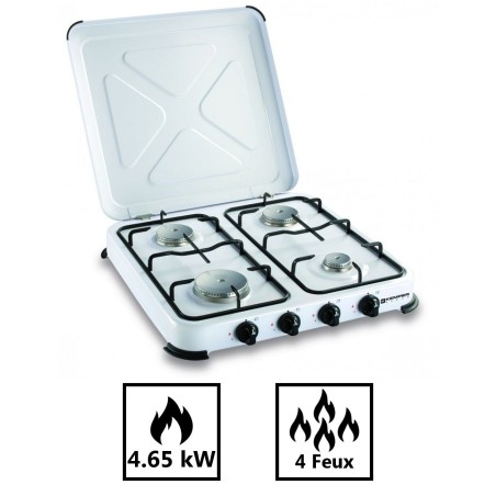 Réchaud gaz portable 4 feux 4650W Blanc laqué Couvercle KEMPER