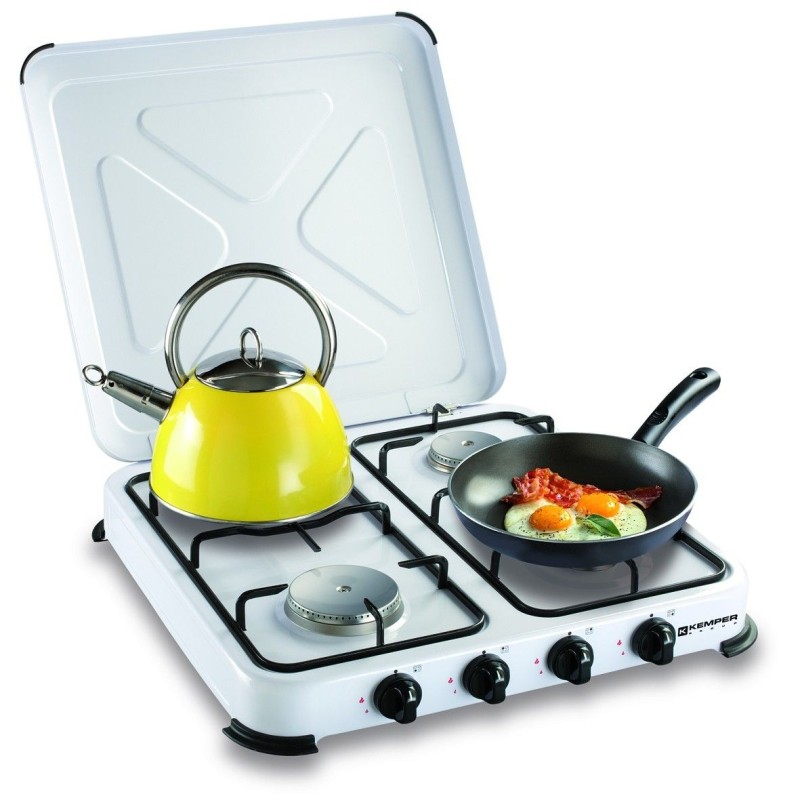 Réchaud gaz portable 4 feux 4650W Blanc laqué Couvercle KEMPER