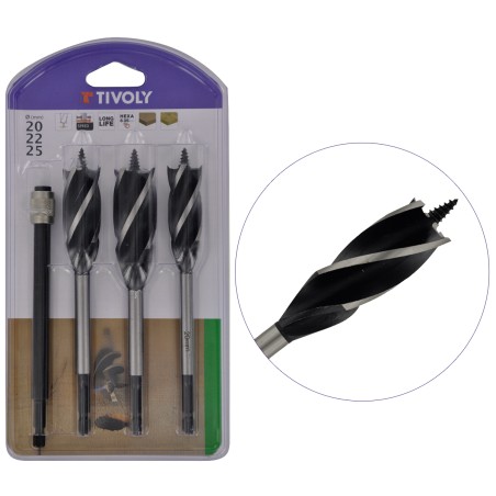 Forets Bois EXPERT à 4 taillants Lot de 3 pièces Queue HEXA 6.35mm Rallonge 10 cm TIVOLY