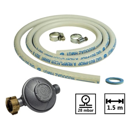 Kit connexion gaz pour réchauds gaz  Tuyau gaz souple 1.50m + Embout tétine + détendeur BUTANE 28 mbars