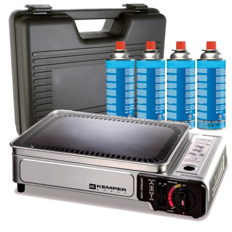 Plancha à gaz portable 2300W + 4 cartouches de gaz + Valise de transport KEMPER