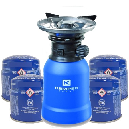 Réchaud gaz 2200W Coque ABS Piezo + 4 cartouches de gaz 190gr KEMPER
