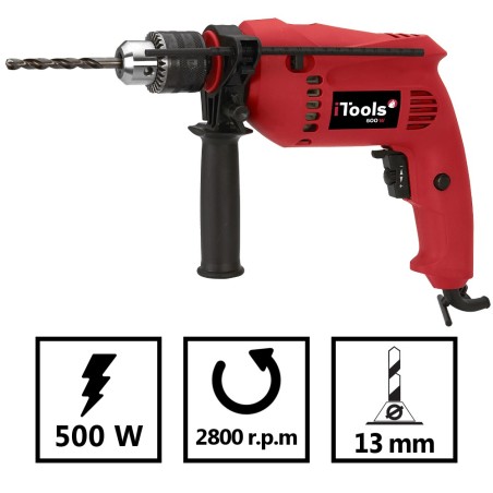 Perceuse à percussion 500W  Bois Metal Béton Mandrin 13mm Régulateur de vitesse Accessoires perçage inclus ITOOLS
