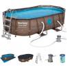 Piscine hors sol à Hublot 4.27x25 x10m - Piscine tubulaire ovale effet rotin tressé + Echelle, Pompe + Bâche 4 saisons Bestway