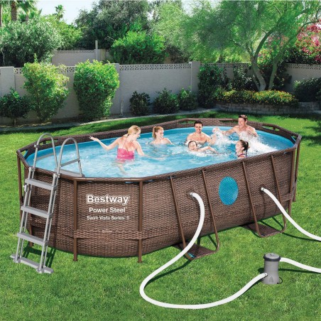 Piscine hors sol à Hublot 4.27x25 x10m - Piscine tubulaire ovale effet rotin tressé + Echelle, Pompe + Bâche 4 saisons Bestway