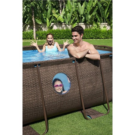 Piscine hors sol à Hublot 4.27x25 x10m - Piscine tubulaire ovale effet rotin tressé + Echelle, Pompe + Bâche 4 saisons Bestway