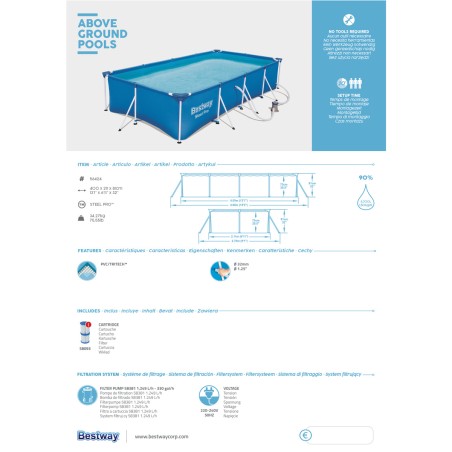 Piscine tubulaire rectangulaire 4x2.1x 0.8m Anti-Corrosion, Liner PVC Renforcé, Pompe de Filtration Incluse 5700L Bestway