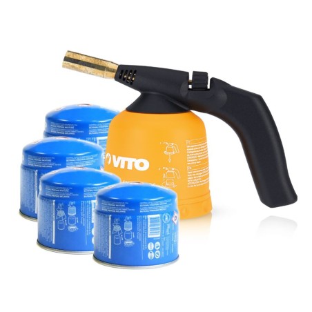 Lampe a souder à gaz ABS Allumage piezo + 4 Cartouches de gaz 190gr Perçables VITO