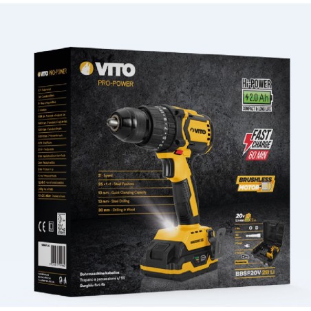 Perceuse Visseuse Brushless 20V + 2 Batteries Lithium 2.0Ah Chargeur Coffret accessoires VITO