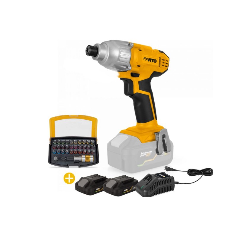 Visseuse à percussion sans fil 20V + 2 Batteries 2AH Lithium + 32 Embouts + Chargeur Rapide VITO