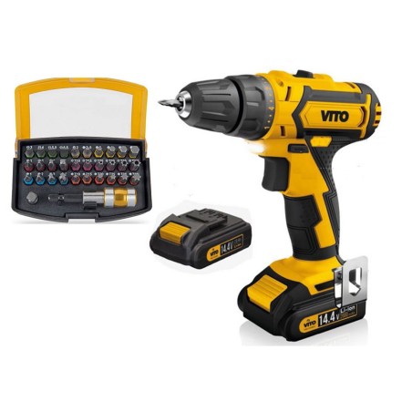 Perceuse Visseuse 14.4V + 2 Batteries Lithium 2Ah + Coffret 32 Embouts + Chargeur et Mallette VITO
