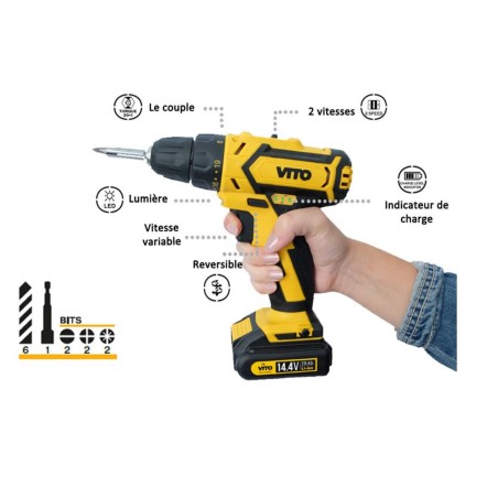 Perceuse Visseuse 14.4V + 2 Batteries Lithium 2Ah + Coffret 32 Embouts + Gants + Chargeur et Mallette VITO