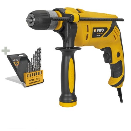 Perceuse à percussion 850W + 8 Forets Acier 3 à 10 mm + Boite à outils 18" VITO