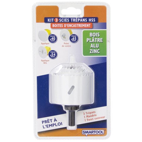 Kit 3 scies cloche HSS Ø40-54-65mm Boite encastrement Bois Platre Alu Zinc