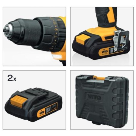 Perceuse visseuse sans fil 18V VITO + 2 Batteries Lithium 2.0 Ah +18 accessoires + Sac à dos + Mallette VITO