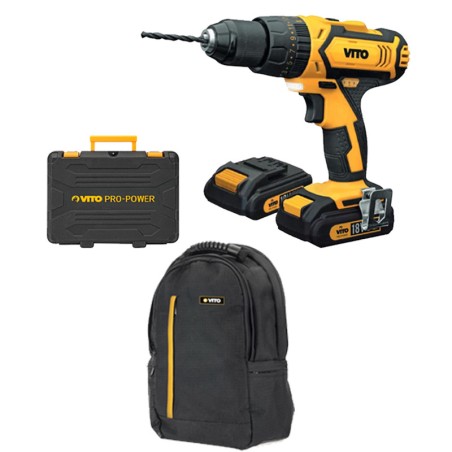 Perceuse visseuse sans fil 18V VITO + 2 Batteries Lithium 2.0 Ah +18 accessoires + Sac à dos + Mallette VITO