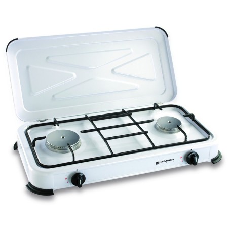 Réchaud gaz portable 2 feux 2600W Blanc laqué Couvercle Plaque de cuisson KEMPER