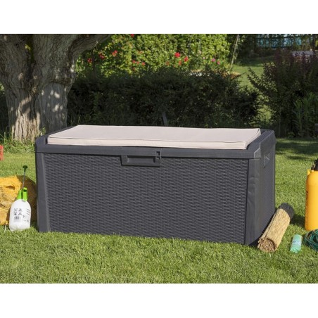 Coffre de jardin en résine 560 Litres Gris Anthracite Cousin inclus Effet rotin L147xP72xH65 cm TOOMAX