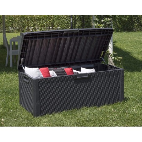 Coffre de jardin en résine 560 Litres Gris Anthracite Cousin inclus Effet rotin L147xP72xH65 cm TOOMAX