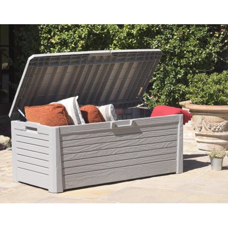 Coffre de Jardin Résine 550 Litres GRIS Effet bois FLORIDA 147 x 72 x 60 cm Haute résistance UV TOOMAX