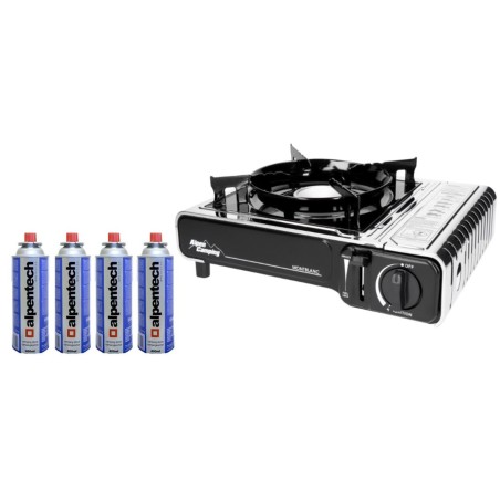Barbecue gaz Grill 2en1 Réchaud gaz piezo 2200W + Grille + 4 cartouches gaz 250g Butane Camping ALPEN