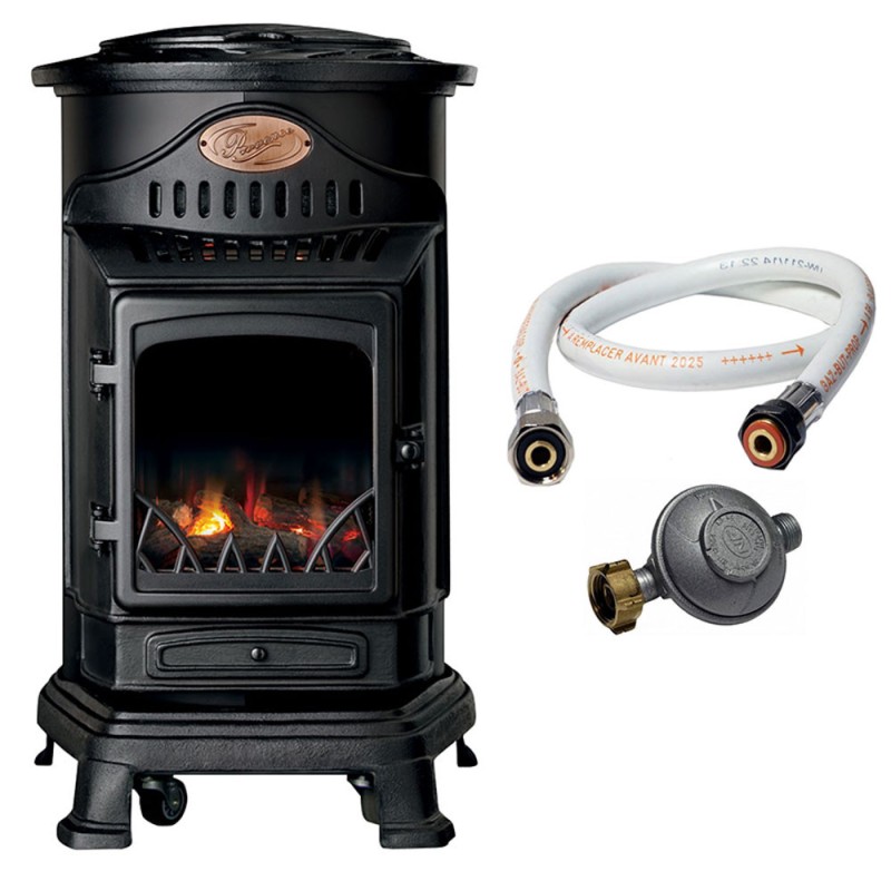 Poêle à gaz 3,4KW NOIR Fonte Véritable Effet feu de bois + Tuyau gaz + Détendeur butane Provence UNIVERSAL