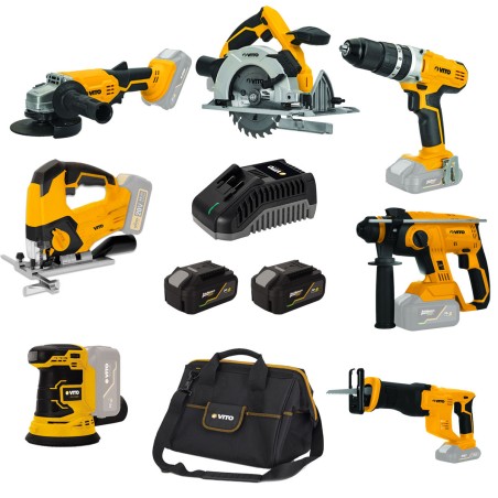 PACK 7 Outils 20V + 2 Batteries 4 Ah Lithium + Chargeur rapide 20V + Sacoche à outils VITO