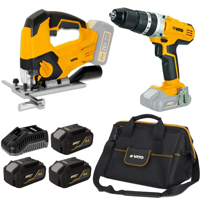 Pack 2 outils sans fil 20VEGO LI  Scie sauteuse Perceuse 3 Batteries lithium 4Ah Chargeur Sacoche VITO