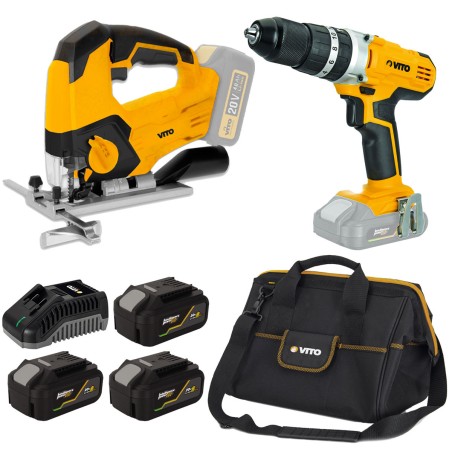 Pack 2 outils sans fil 20VEGO LI  Scie sauteuse Perceuse 3 Batteries lithium 4Ah Chargeur Sacoche VITO