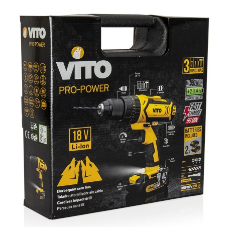 Perceuse visseuse sans fil 18V + 2 Batteries Lithium 2.0Ah Mallette Professionnelle de 18 accessoires de vissage et perçage VITO