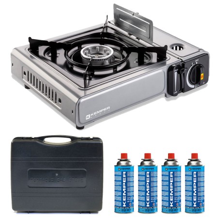 Réchaud à gaz 2200W INOX + 4 cartouches de gaz Double système de sécurité Puissance réglable KEMPER